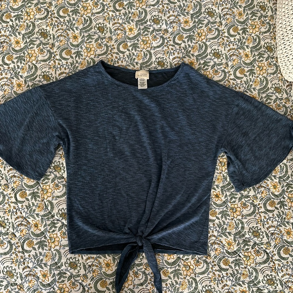 Tie-front blouse with short bell sleeves, muted blue, very soft